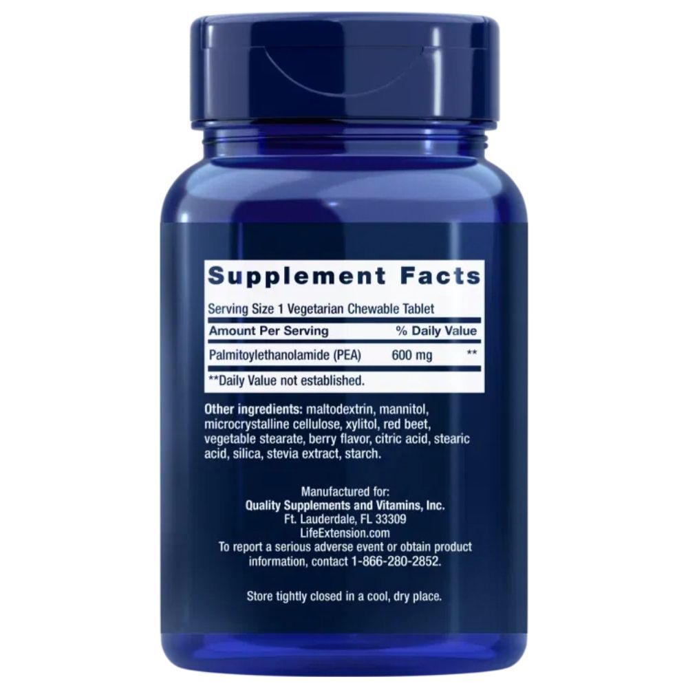 Rückseite der Flasche: Supplement Facts, 600 mg Palmitoylethanolamid (PEA) pro Portion.