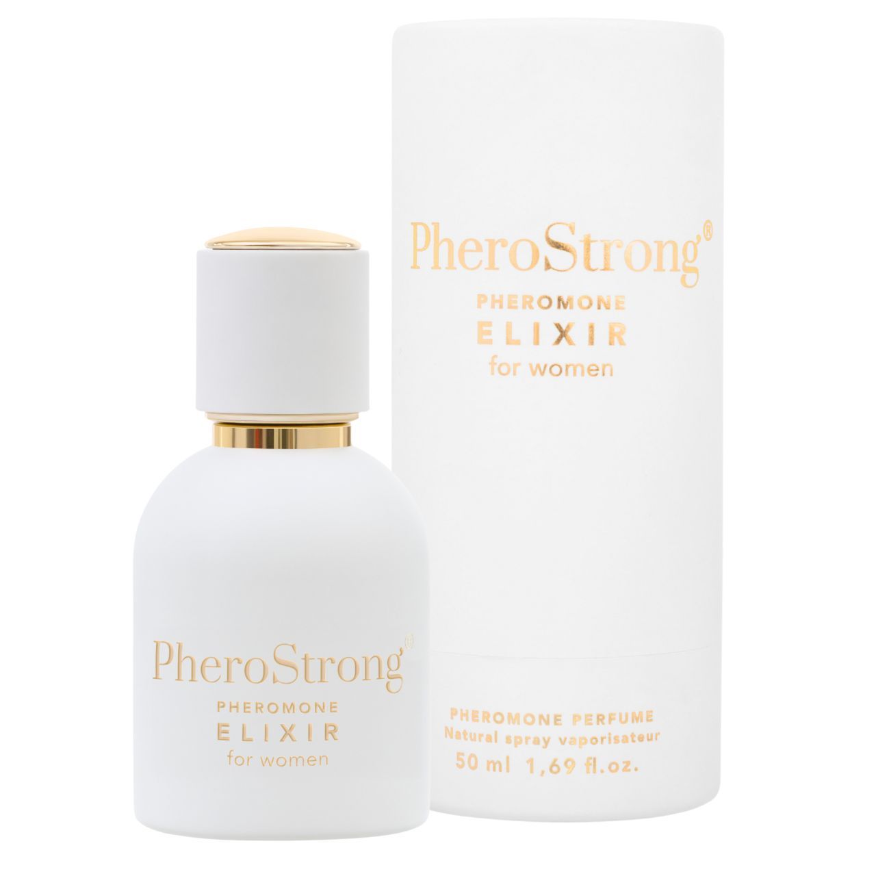 PheroStrong Elixir für Frauen, weißer Flakon mit goldener Kappe und Verpackung.