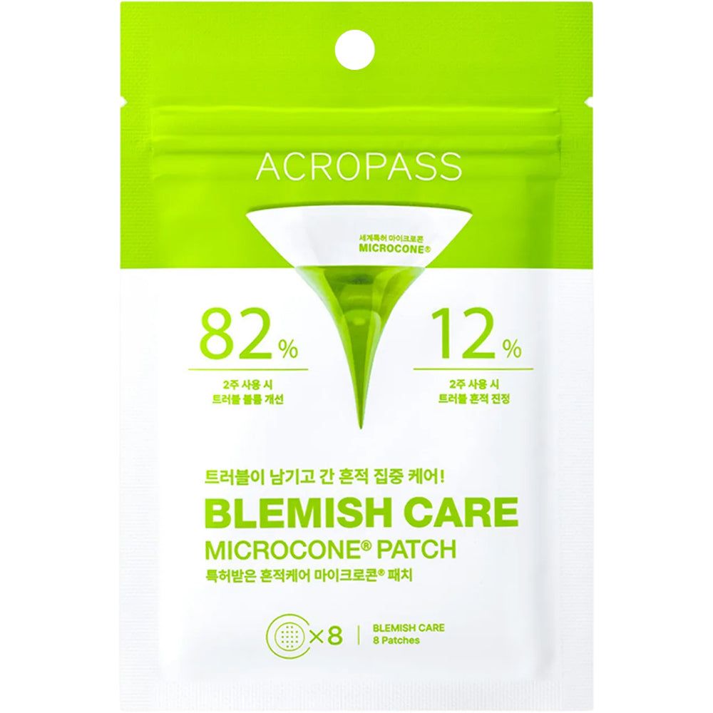 ACROPASS Blemish Care Patch-Verpackung. Grün-weiße Verpackung mit Produktinformationen. Enthält 8 Patches. Text: Blemish Care, Microcone Patch.