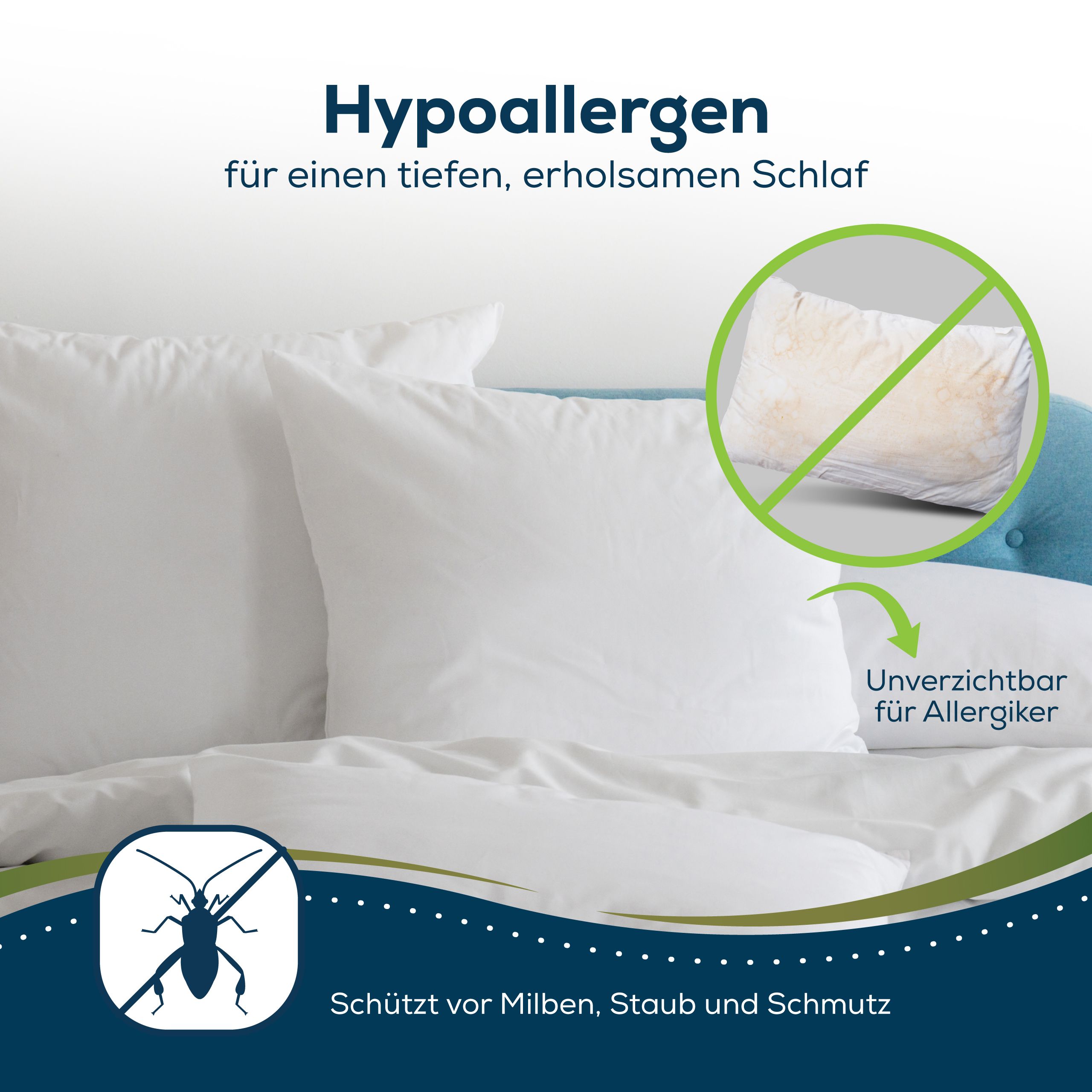 Weiße Kissen auf einem Bett. Hypoallergen, schützt vor Milben, Staub und Schmutz. Nicht für Allergiker.