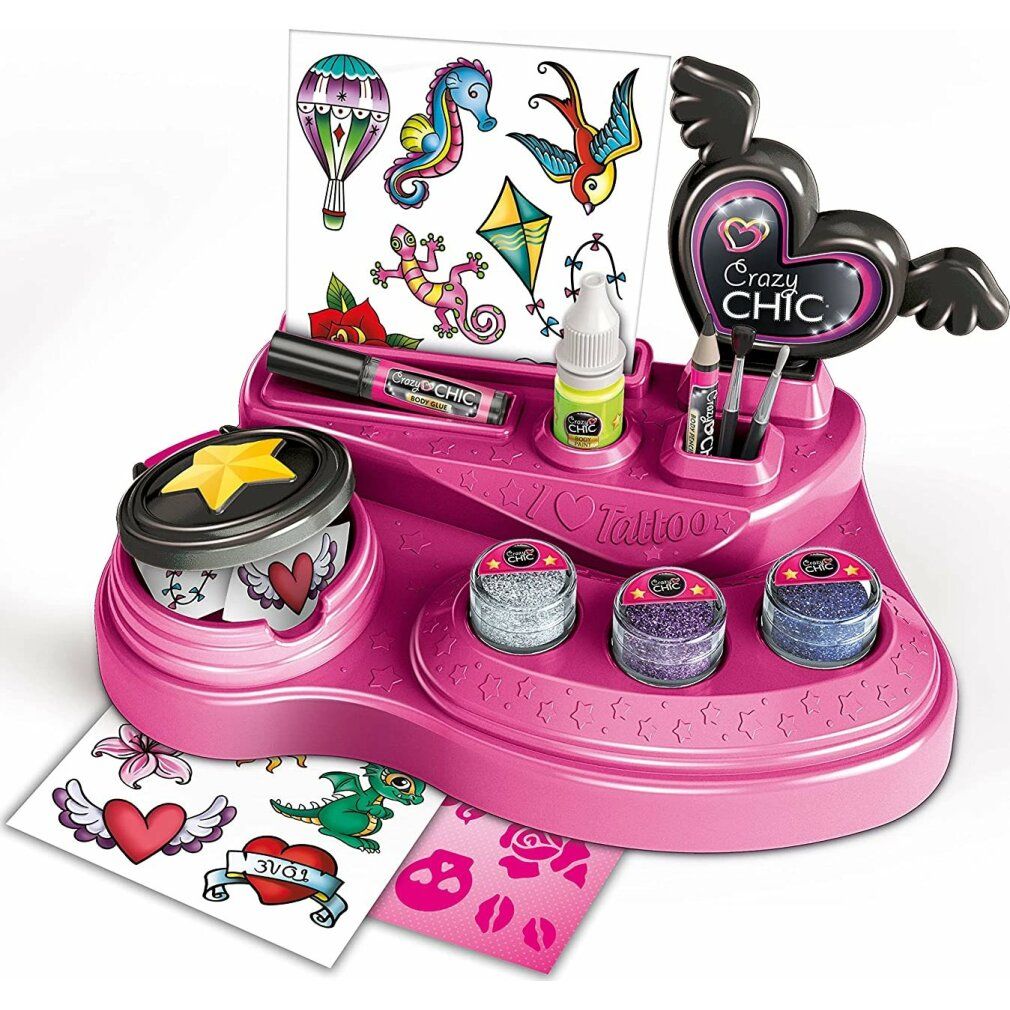Rosa Crazy Chic Tattoo Set mit Zubehör, Glitzer, Schablonen und Aufklebern. Clementoni.
