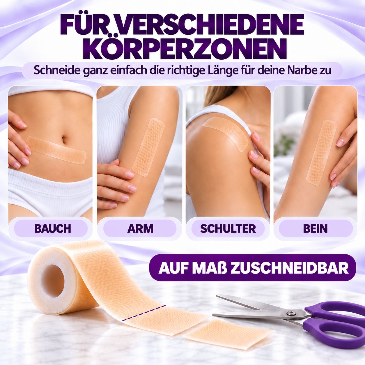 Anwendung von Leiqier Narbenpflaster auf Bauch, Arm, Schulter, Bein. Zuschneidbar.