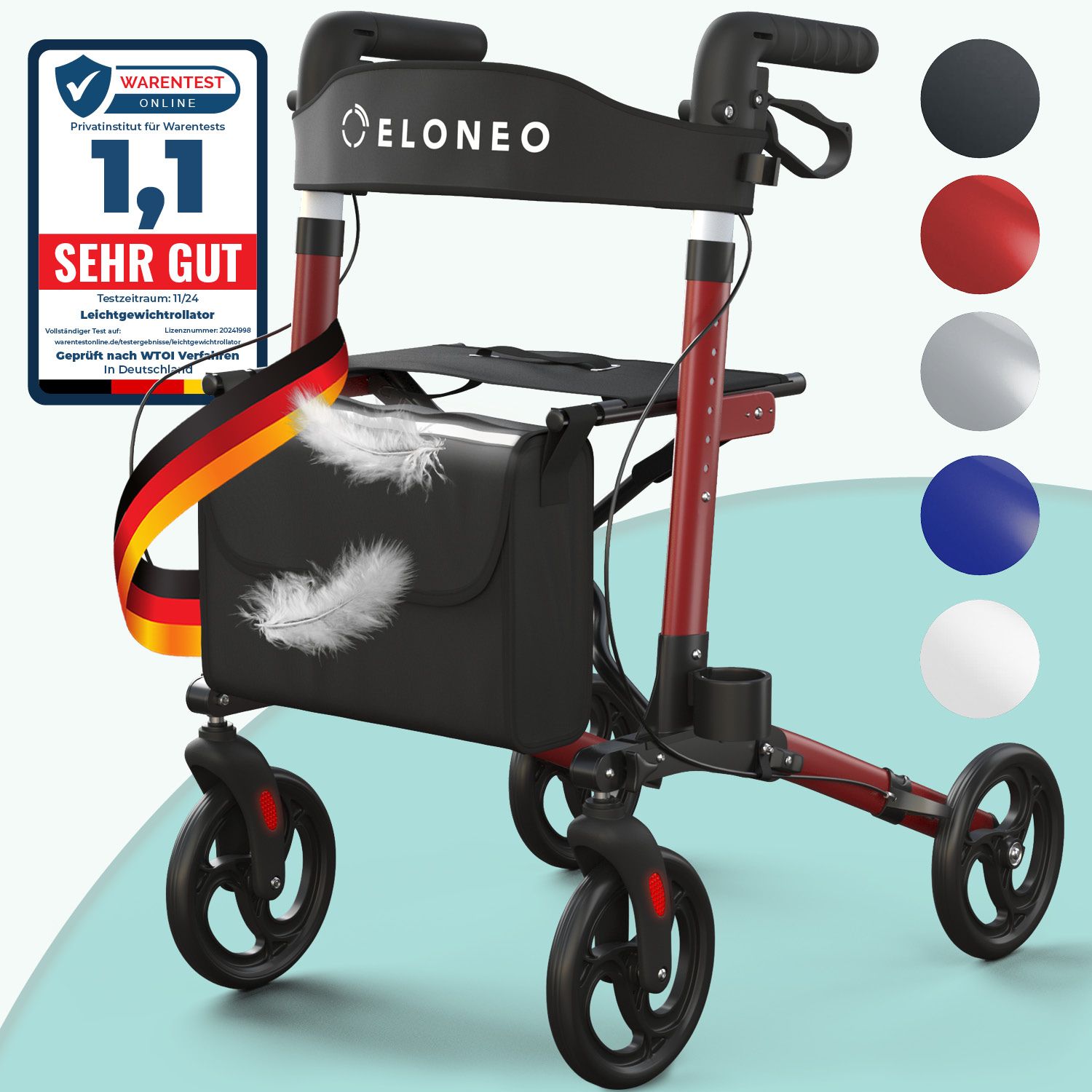 Rollator mit rotem Rahmen, schwarzem Sitz und Tasche. Zertifizierung und Farbauswahl.