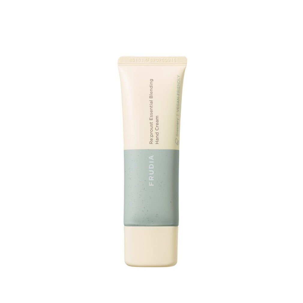Tube mit Handcreme, beige und hellgrün, mit Textaufdruck.
