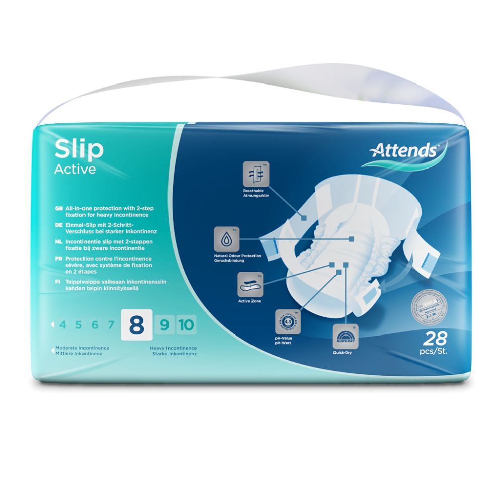 Attends Slip Active. Packung mit Inkontinenzvorlagen. Größen 4-10. 28 Stück pro Packung. Produktname und Logo sichtbar.