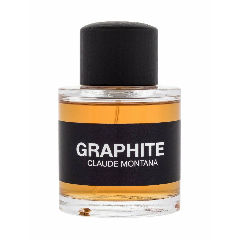 Montana Graphite EdT Flakon. Schwarzer Deckel, schwarzes Etikett mit weißem Schriftzug. Glasflakon mit Flüssigkeit.