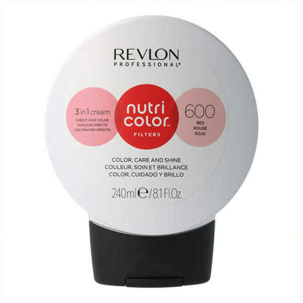 Weiß-schwarze Flasche mit rotem Etikett. Revlon Nutri Color Filters 600. Text: 3 in 1 cream, Color, Care and Shine, 240ml.