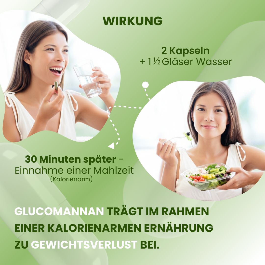 Frau trinkt Wasser und isst Salat. Text: 2 Kapseln + 1½ Gläser Wasser, 30 Minuten später - Einnahme einer Mahlzeit (kalorienarm).