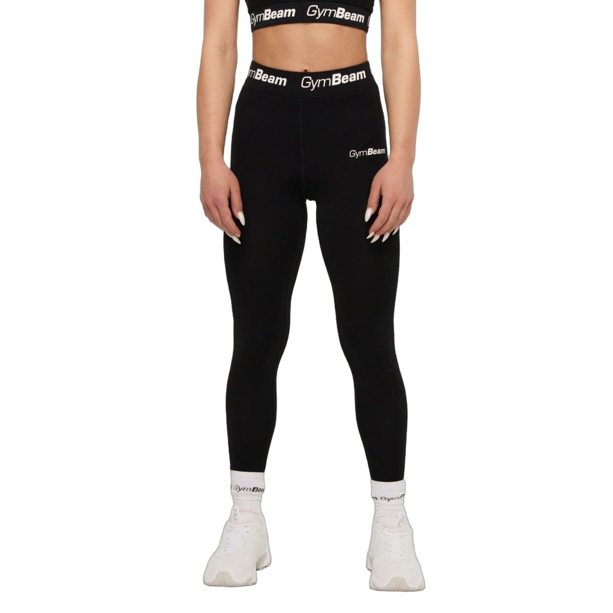 Schwarze Leggings für Damen mit weißem Logo-Bund.