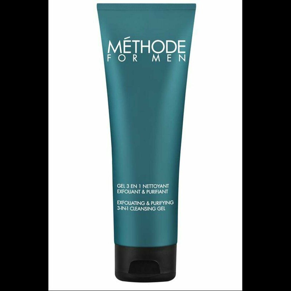 Türkisgrüne Tube mit schwarzem Deckel. Aufschrift: MÉTHODE FOR MEN, GEL 3 EN 1, EXFOLIATING & PURIFYING 3-IN-1 CLEANSING GEL.
