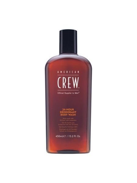 Braune Flasche mit schwarzem Deckel. Aufschrift: AMERICAN CREW, 24-HOUR DEODORANT BODY WASH. 450ml/15.2 Fl. Oz.
