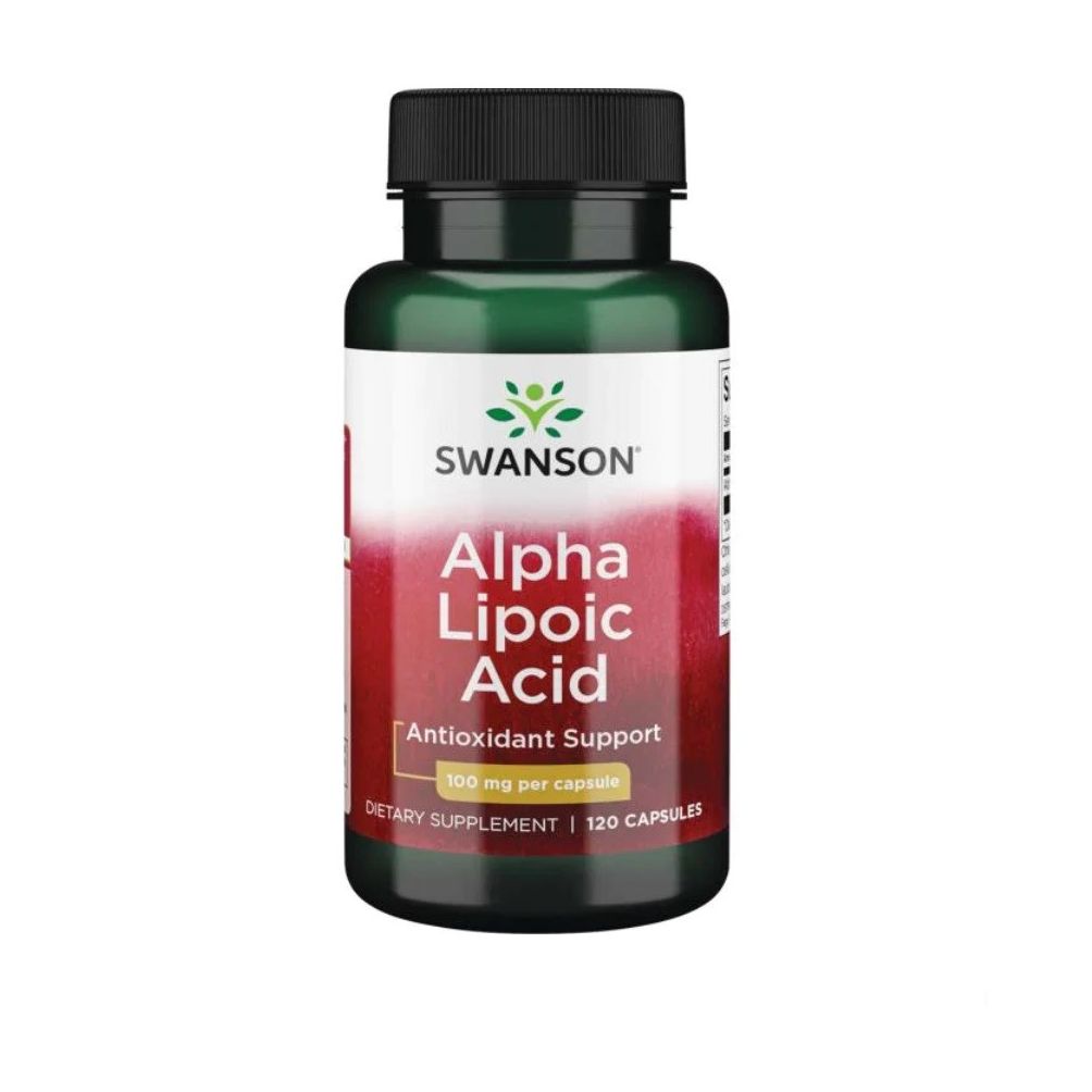 Grüne Flasche mit schwarzem Deckel. Aufschrift: Swanson Alpha Lipoic Acid, 120 Kapseln.