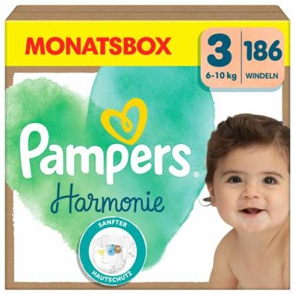Pampers Harmonie Monatsbox Gr.3. Packung mit Windeln, 6-10 kg. Sanfter Hautschutz. Baby lächelt.
