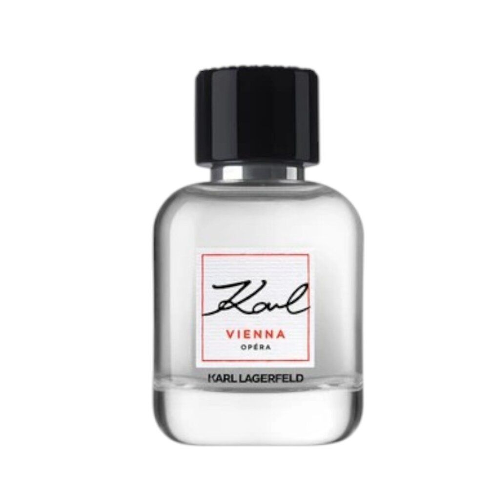 Karl Lagerfeld Vienna Opera Eau de Toilette. Transparenter Flakon mit schwarzem Verschluss. Rotes Etikett mit Schriftzug.