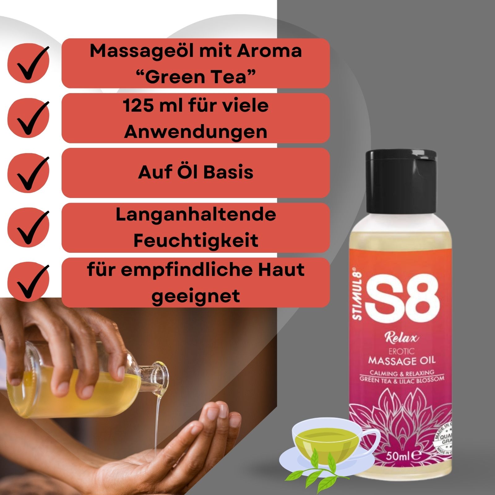 Massageöl-Flasche, S8 Relax, mit Text. Öl wird auf Hand gegossen. 125 ml. Grüntee-Aroma.