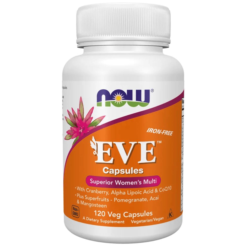 Weiße Flasche mit "EVE"-Kapseln. Aufschrift: "Superior Women's Multi". Enthält 120 Veg-Kapseln. Eisenfrei. Vegetarisch/Vegan.