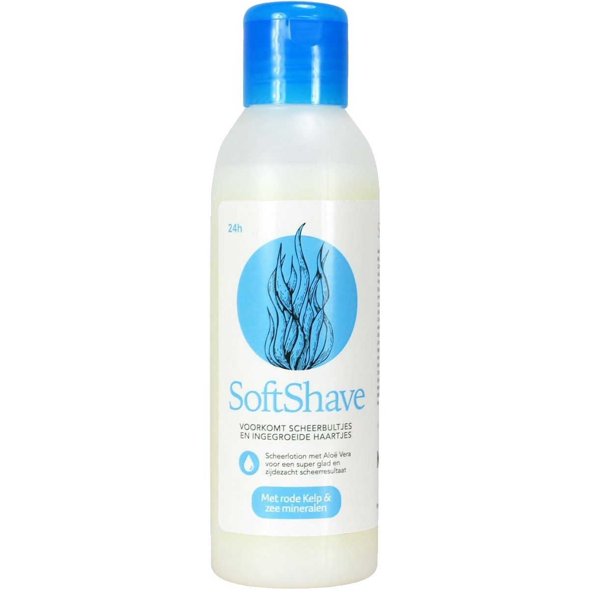 Flasche mit blauem Deckel. Aufschrift "SoftShave". Enthält Seefunktionen und Mineralien. Verhindert Rasierpickel und eingewachsene Haare.
