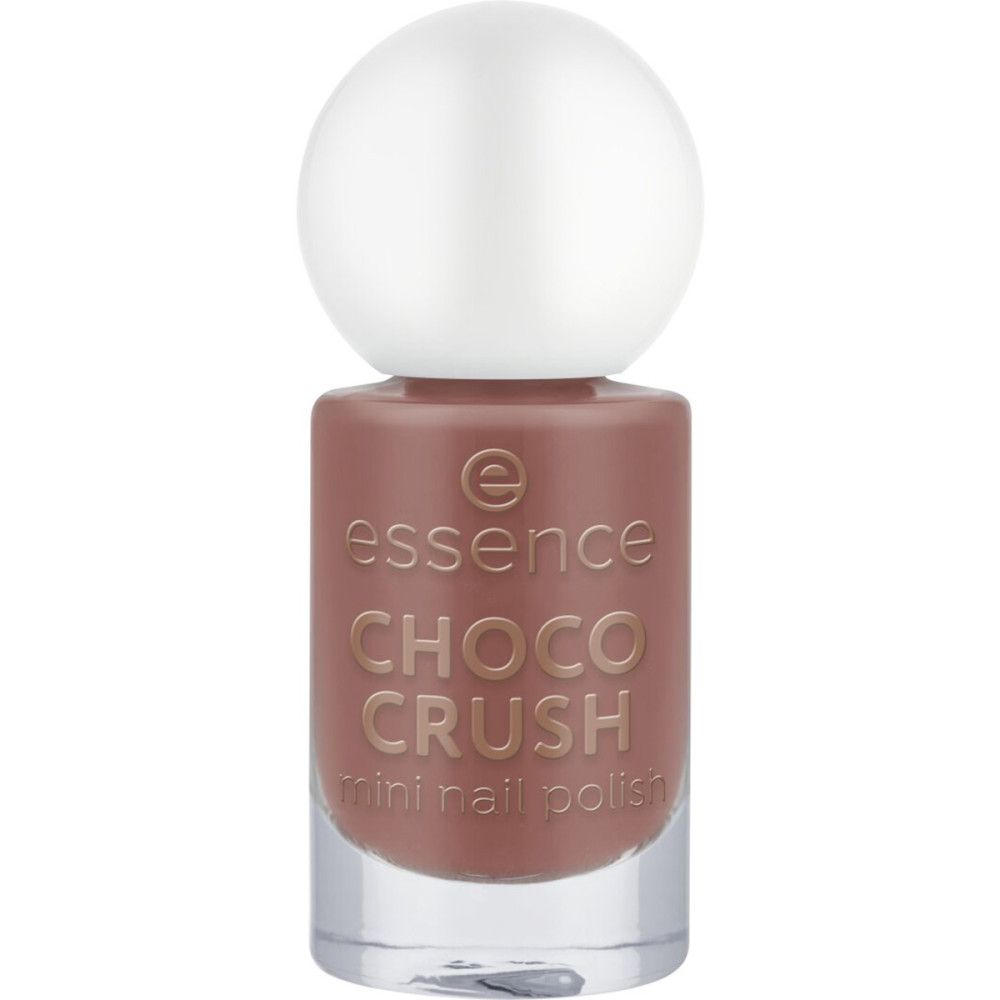 Nagellackflasche. Aufschrift: Essence, Choco Crush, mini nail polish. Farbe: Braun. Weißer Deckel.