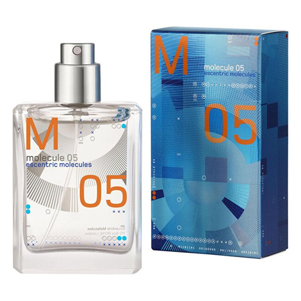 Flakon und Schachtel. Flakon mit silbernem Verschluss, transparente Flüssigkeit. Blaue Schachtel mit orangefarbenem Aufdruck.
