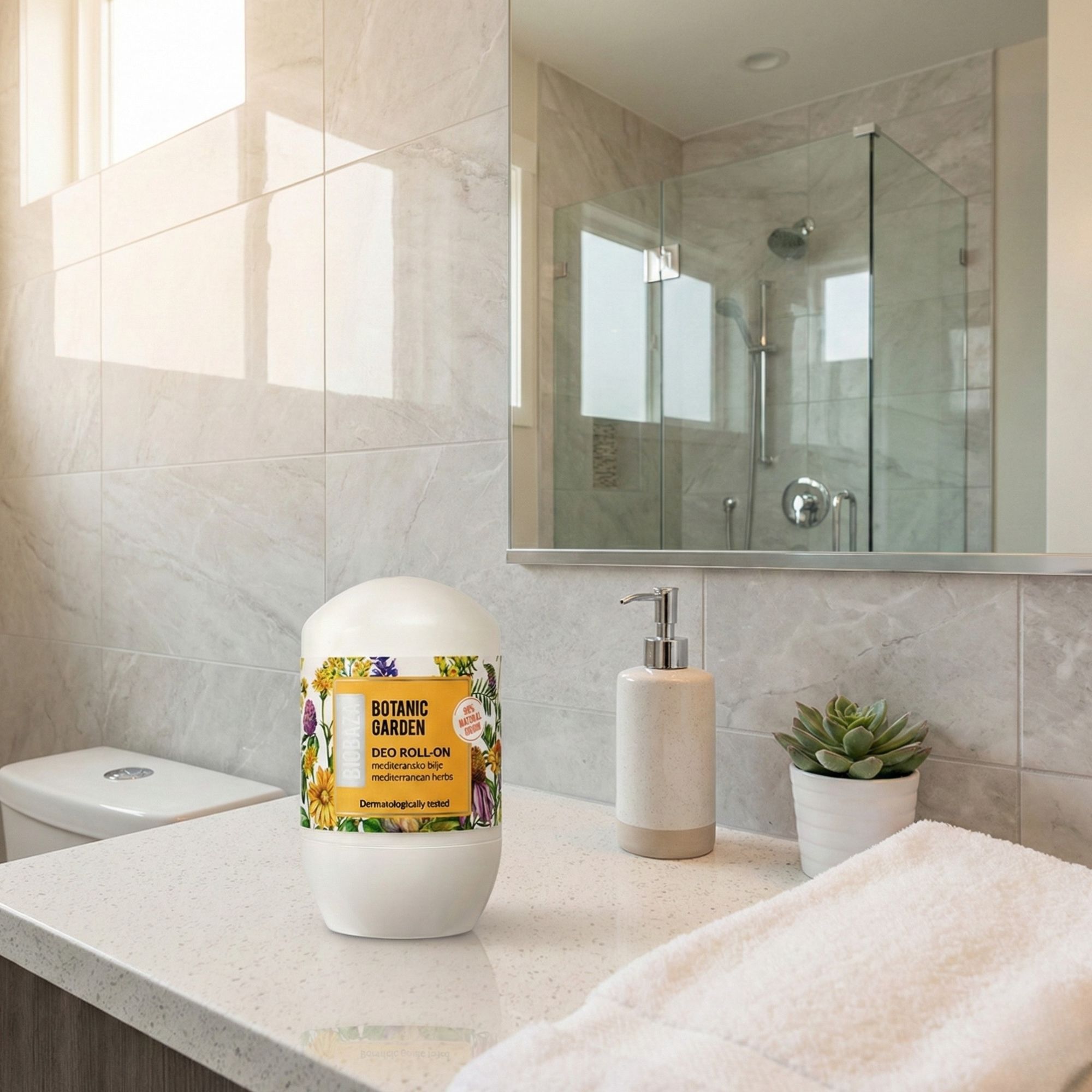 Weißer Deo Roll-on mit floralem Etikett. Steht auf einer hellen Oberfläche in einem Badezimmer. Spiegel und Accessoires im Hintergrund.