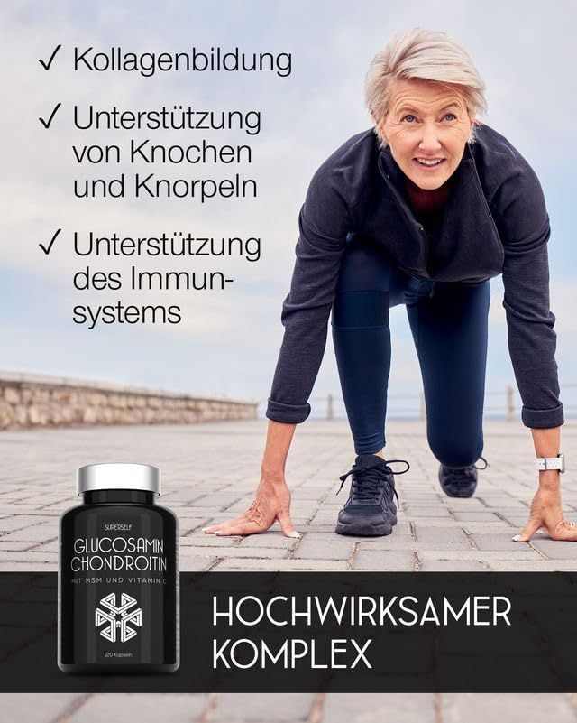 Schwarze Kapsel-Dose mit weißem Deckel. Aufschrift: Glucosamin Chondroitin. Frau in Sportkleidung. Text: Kollagenbildung, Unterstützung von Knochen und Knorpeln, Immunsystem.