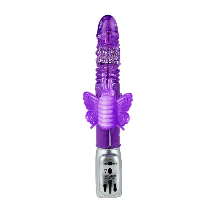 Lila Vibrator mit Schmetterlings-Design. Silberfarbener Bedienungsteil mit Knöpfen. Transparente und strukturierte Oberfläche.