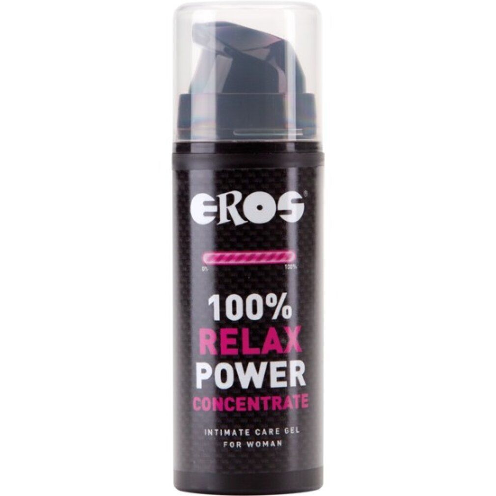 Dunkle Flasche mit Dosierpumpe. Aufschrift: EROS, 100% RELAX POWER CONCENTRATE, Intimate Care Gel for Women.