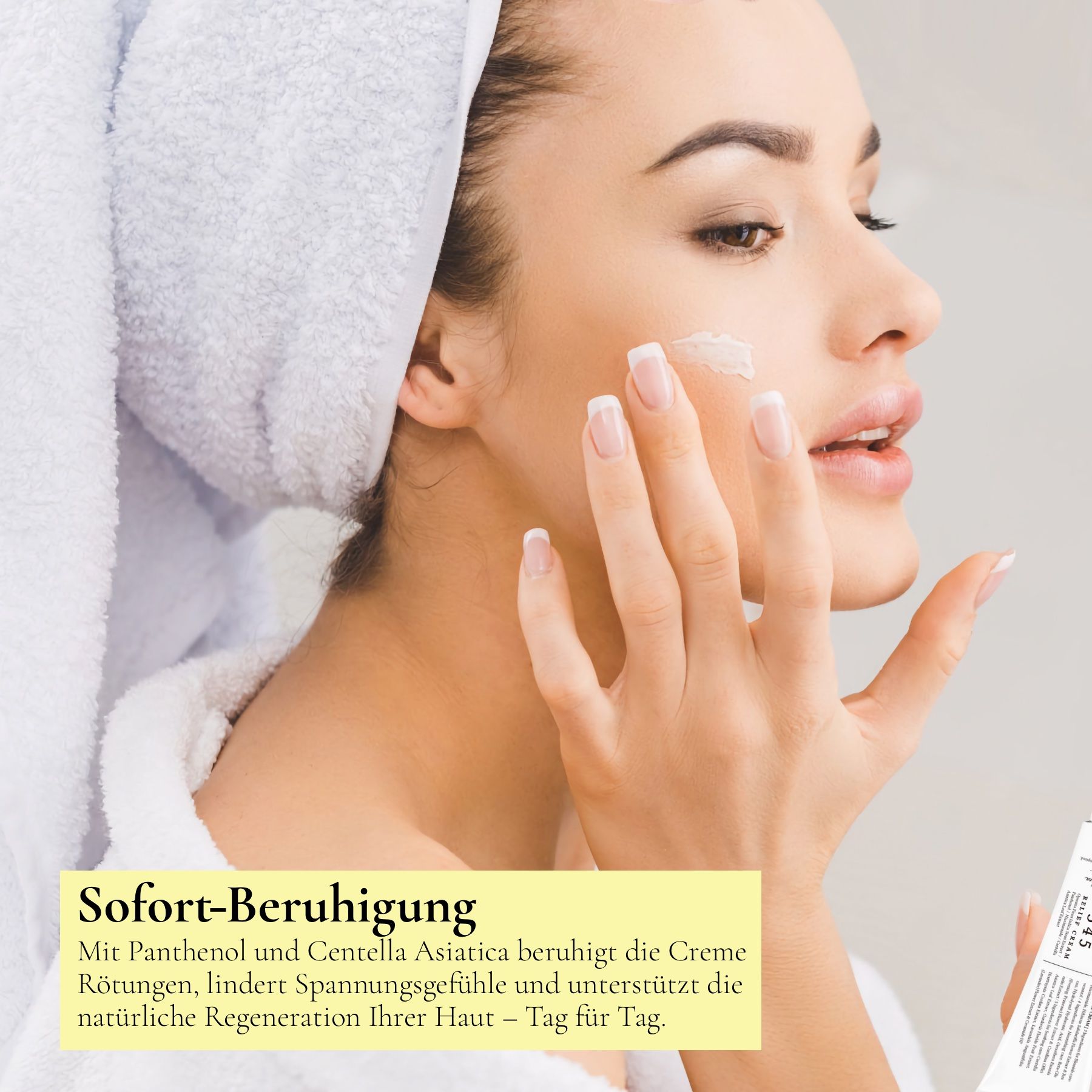 Frau trägt Creme auf Gesicht auf. Text: Sofort-Beruhigung. Dr. Althea 345 Relief Cream.