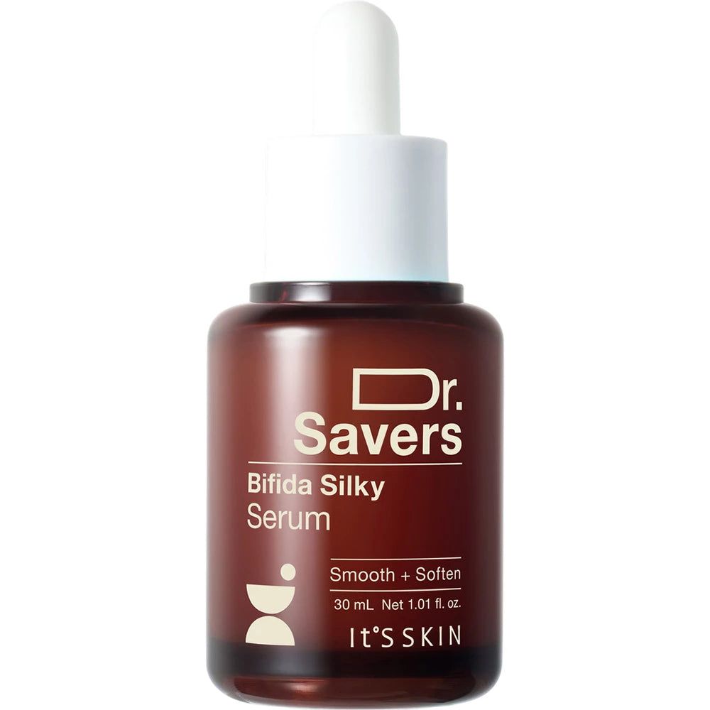 Braune Flasche mit weißem Deckel. Produktname: Dr. Savers Bifida Silky Serum. Aufschrift: 30 ml. Marke: IT'S SKIN.