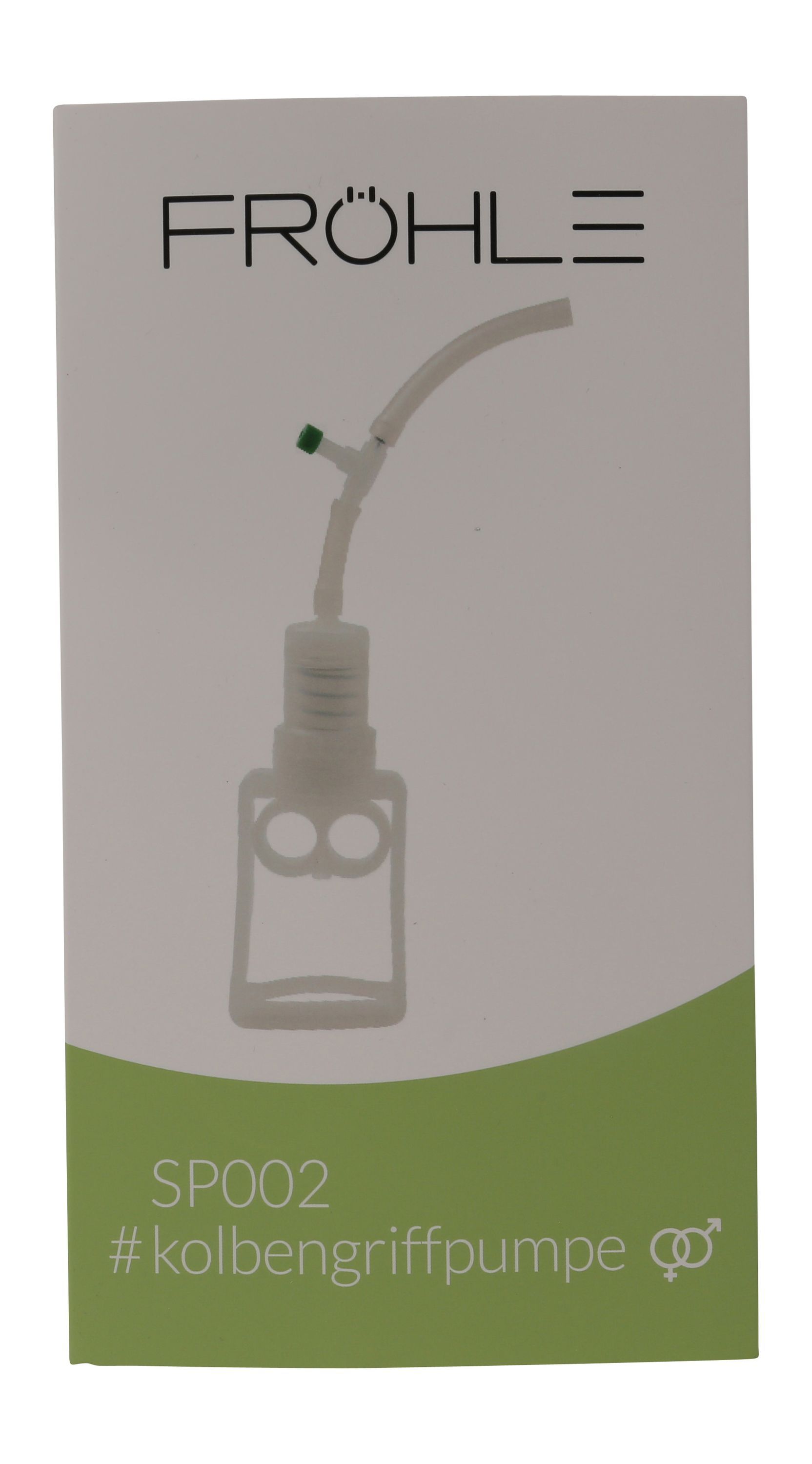 Weißes Kolbengriffpumpe mit Schlauch und Ventil, auf einer weißen und grünen Verpackung. Auf der Verpackung steht FRÖHLE.