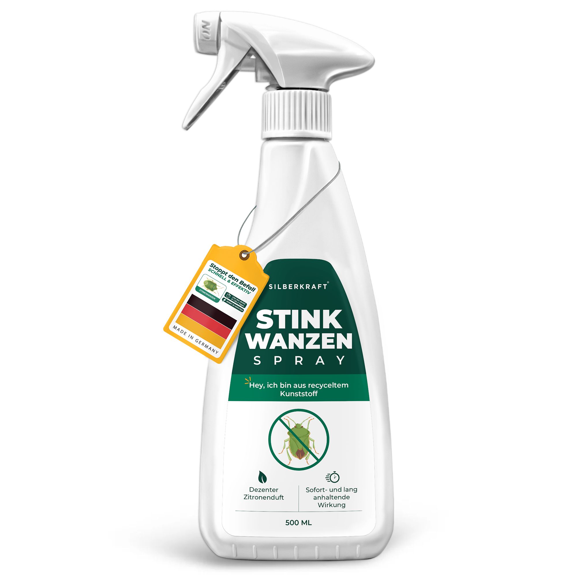 Weiße Sprühflasche mit grünem Etikett für Stinkwanzen-Spray, 500ml.