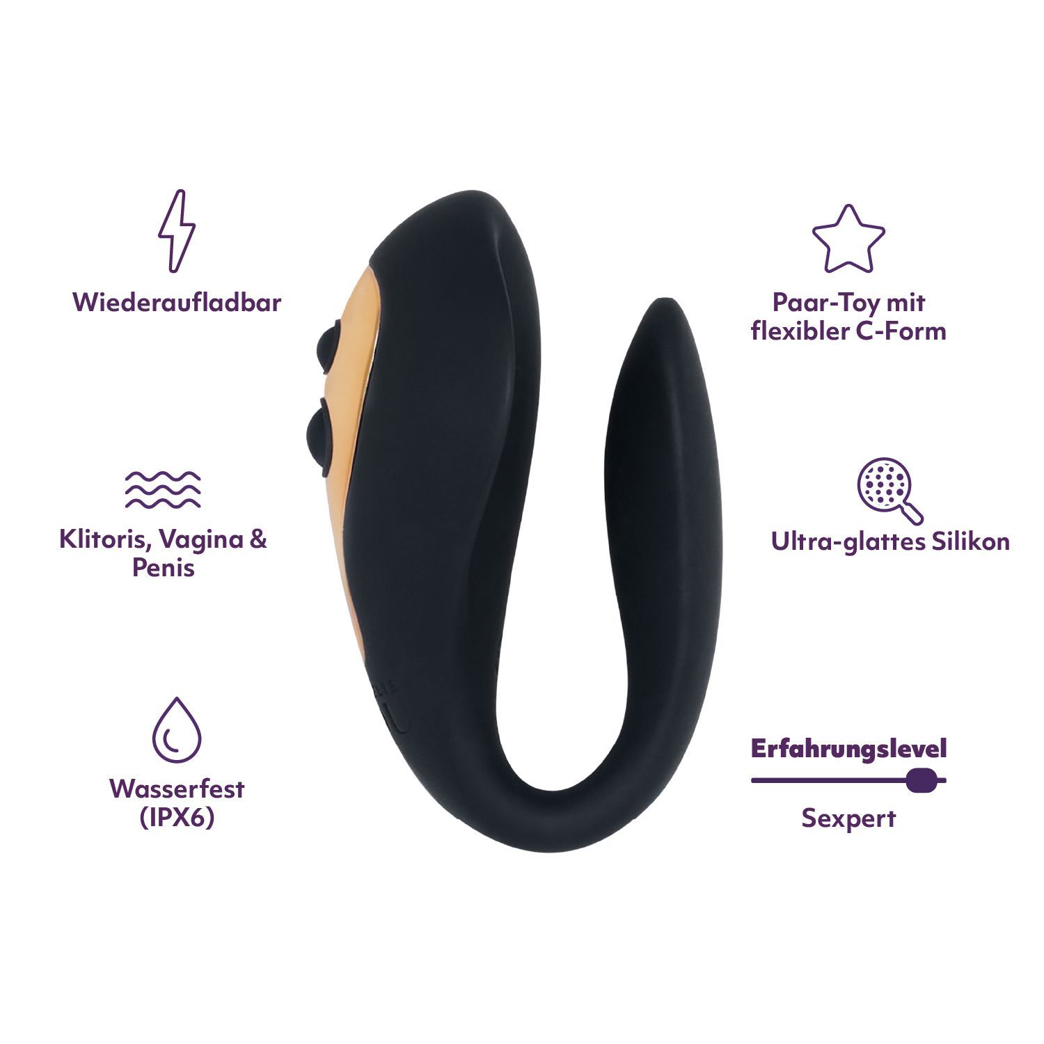 Grafik mit Icons und Text. Schwarzer C-förmiger Vibrator mit goldfarbenen Akzenten.