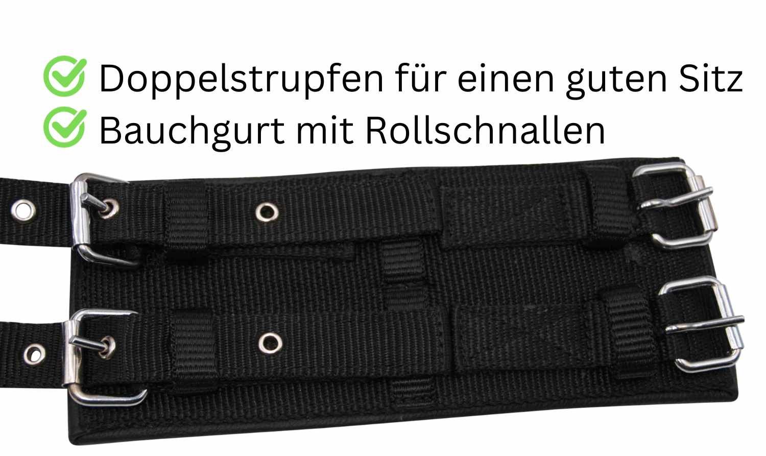 Detailansicht eines schwarzen Gurtes mit Doppelschlaufen und Rollenschnallen. Metallösen und Schnallen.