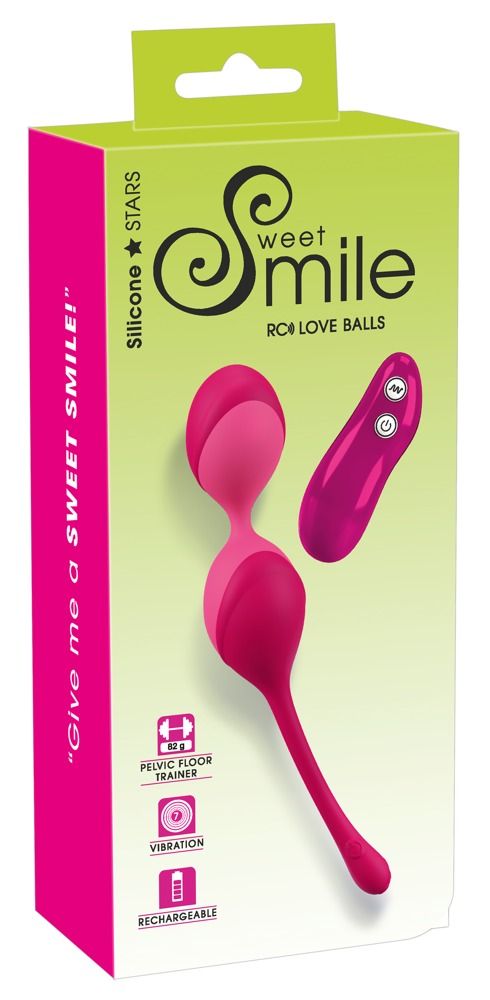 Rosa Duo-Vibrokugel mit Fernbedienung in Verpackung. Aufdruck: Sweet Smile, RC Love Balls, Pelvic Floor Trainer.