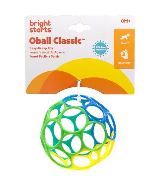 Oball Classic, mehrfarbiger Ball mit Löchern, an Verpackung befestigt. BPA-frei. Marke: bright starts.