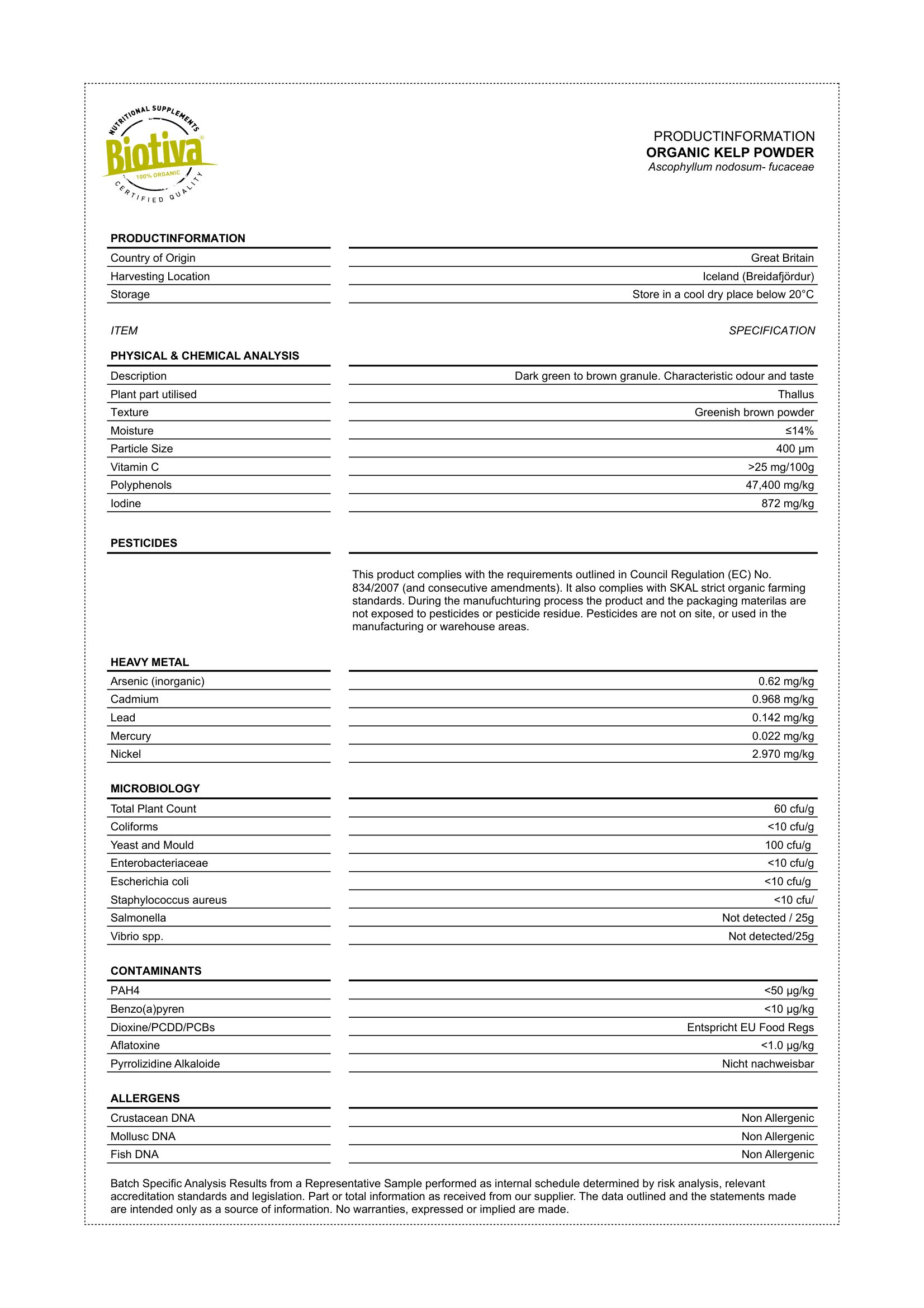 Tabellarische Auflistung von Produktinformationen. Enthält Angaben zu Herkunft, Inhaltsstoffen, Analyseergebnissen und Pestiziden.