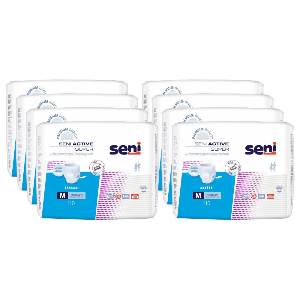 Mehrere Packungen Seni Active Super. Jede Packung enthält 10 Stück. Aufdruck: Seni Active Super, Größe M.