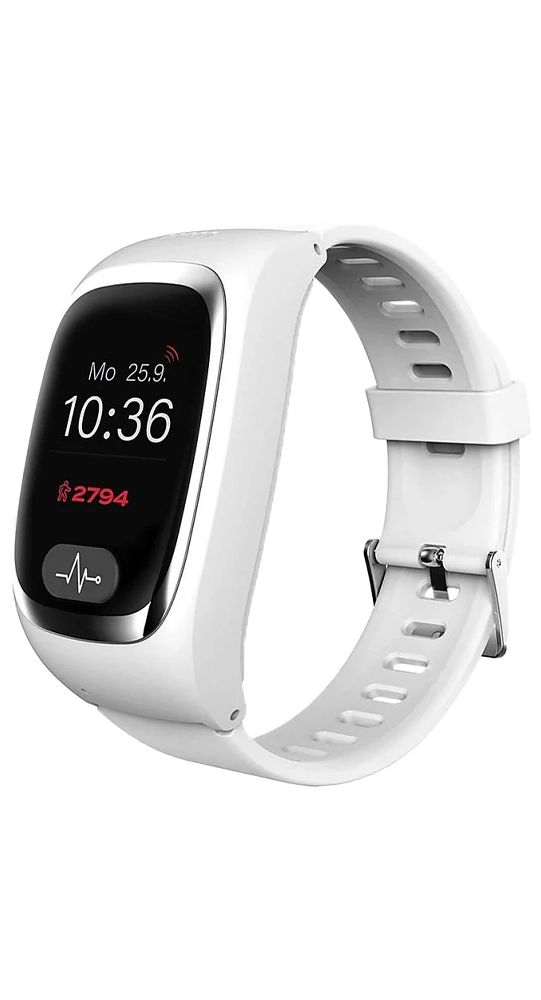 Weiße Smartwatch mit silbernem Rand und weißem Armband. Zeigt Uhrzeit, Datum und Schritte an.