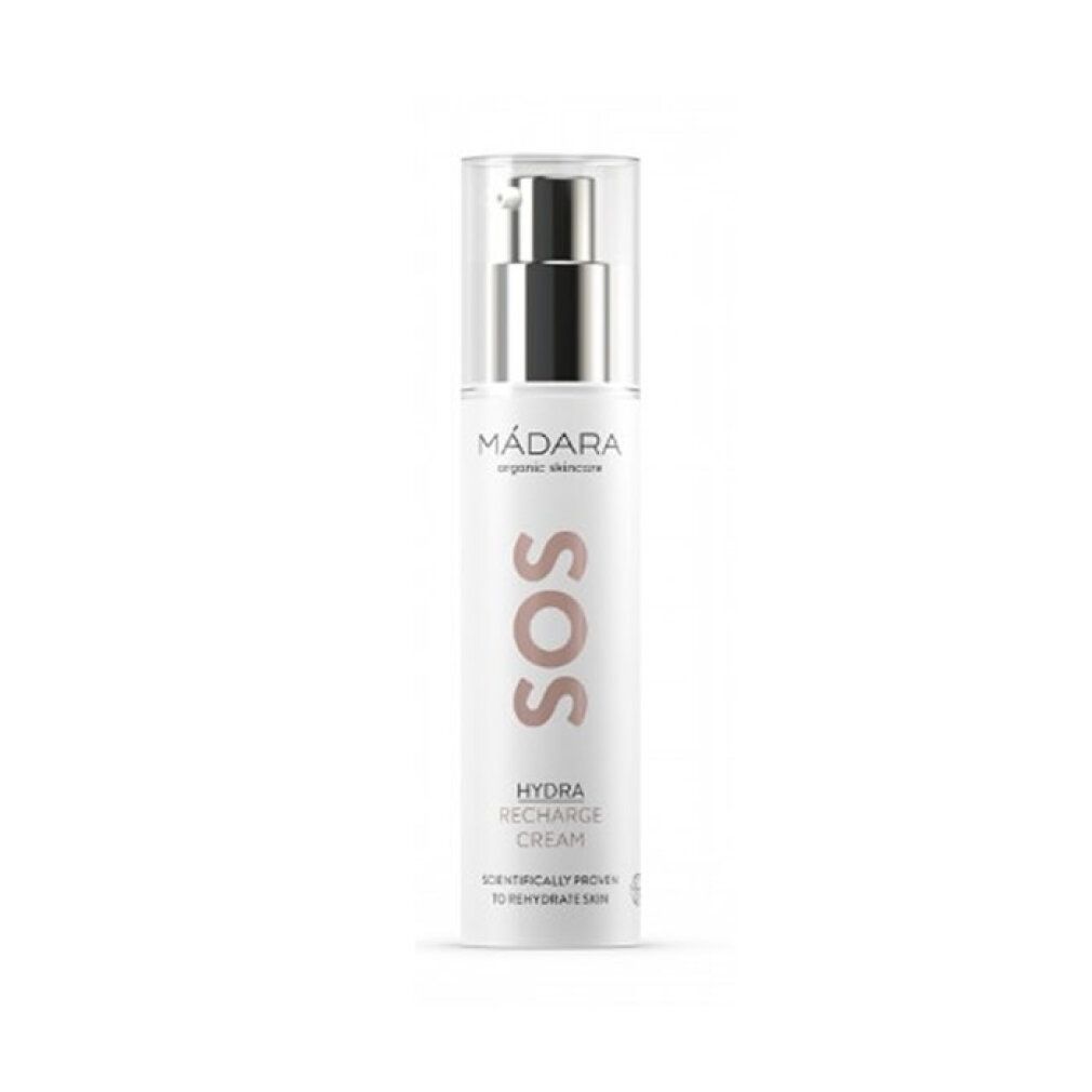Madara SOS Hydra Recharge Cream Flasche mit Pumpspender.