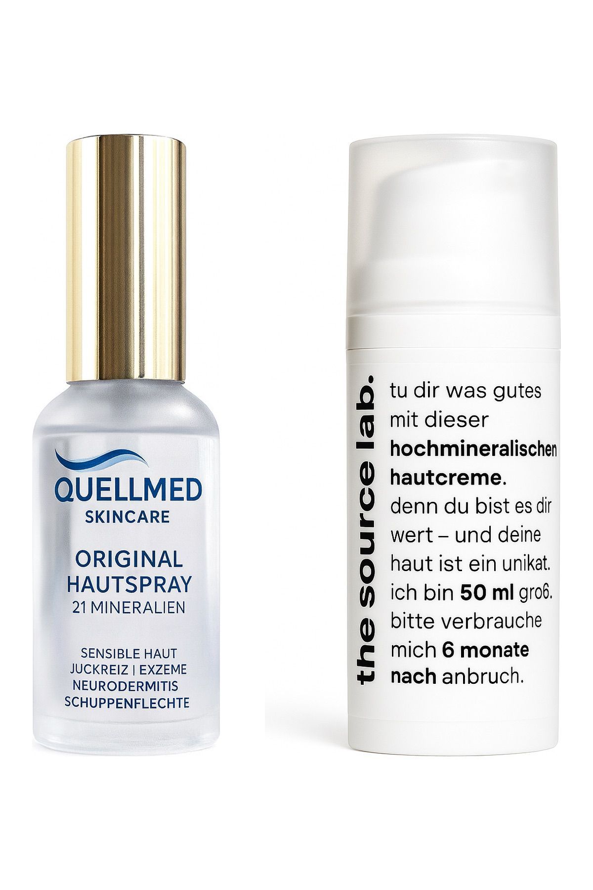 Sprayflasche und Creme-Tube nebeneinander. Aufschrift: Quellmed Skincare, Original Hautspray, 21 Mineralien. the source lab Hautcreme.