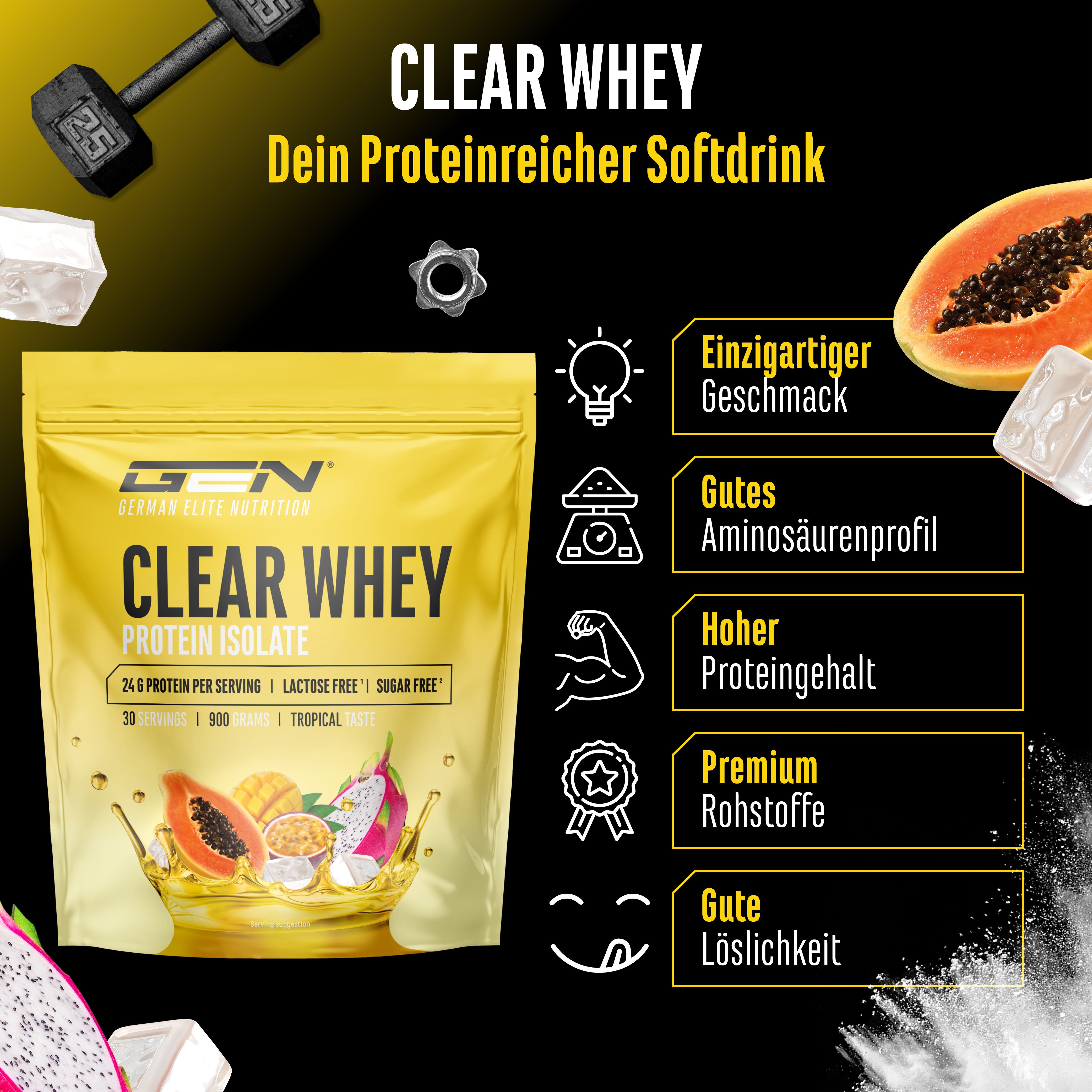 Verpackung und Grafik mit "CLEAR WHEY". 24g Protein pro Portion, 900g, 30 Portionen. Mit Früchten. Aminosäurenprofil, hoher Proteingehalt.