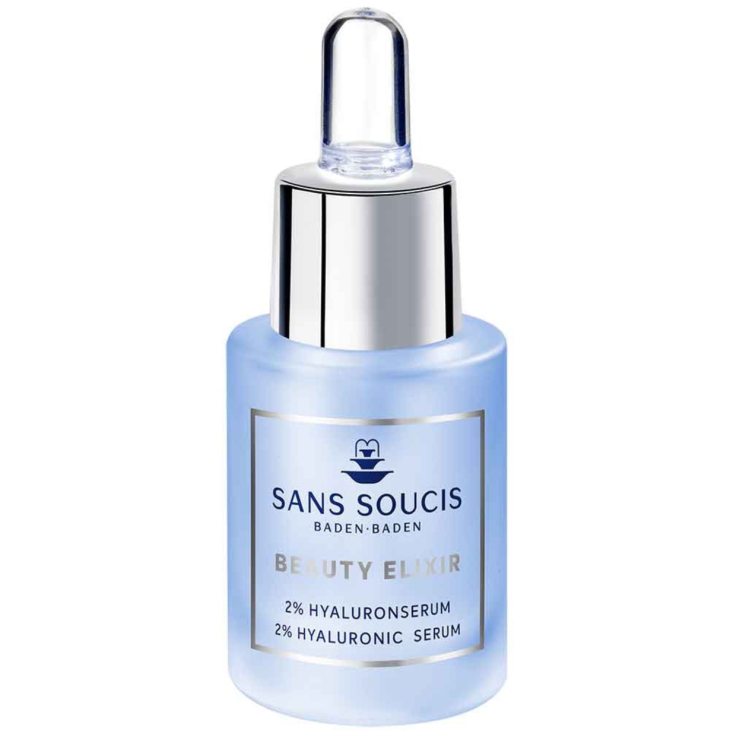 Hellblaue Serumflasche mit silbernem Verschluss und Pipette. Auf dem Etikett steht "SANS SOUCIS", "BEAUTY ELIXIR" und "2% HYALURONSERUM".