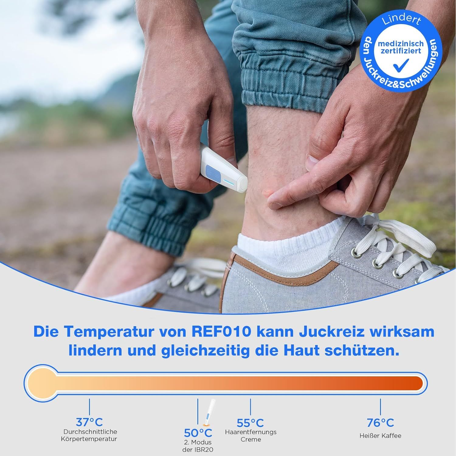 Person zeigt auf einen Fuß, auf dem ein weißer Insektenstichheiler verwendet wird. Text: Lindert medizinisch zertifiziert Juckreiz & Schwellungen.