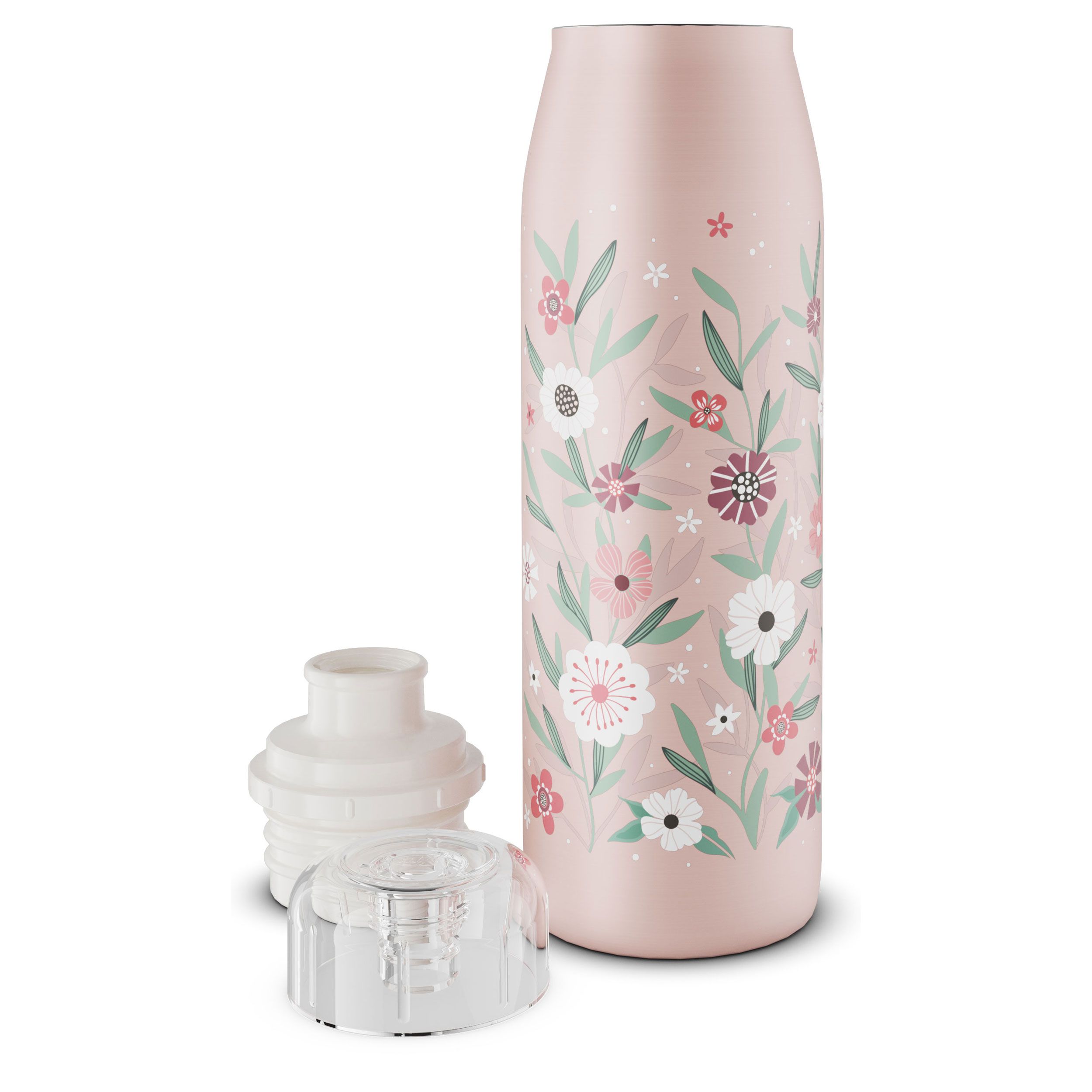 Rosa Isolierflasche mit Blumenmuster, von oben mit aufgesetztem Deckel.