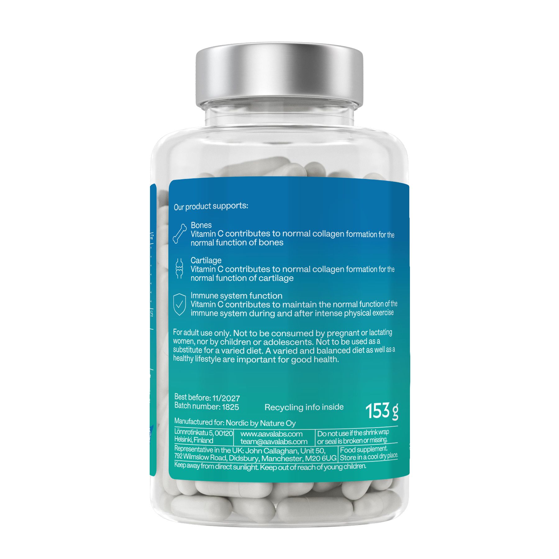 Rückseite der Flasche mit Produktinformationen. Text in Blau und Weiß. 153g.