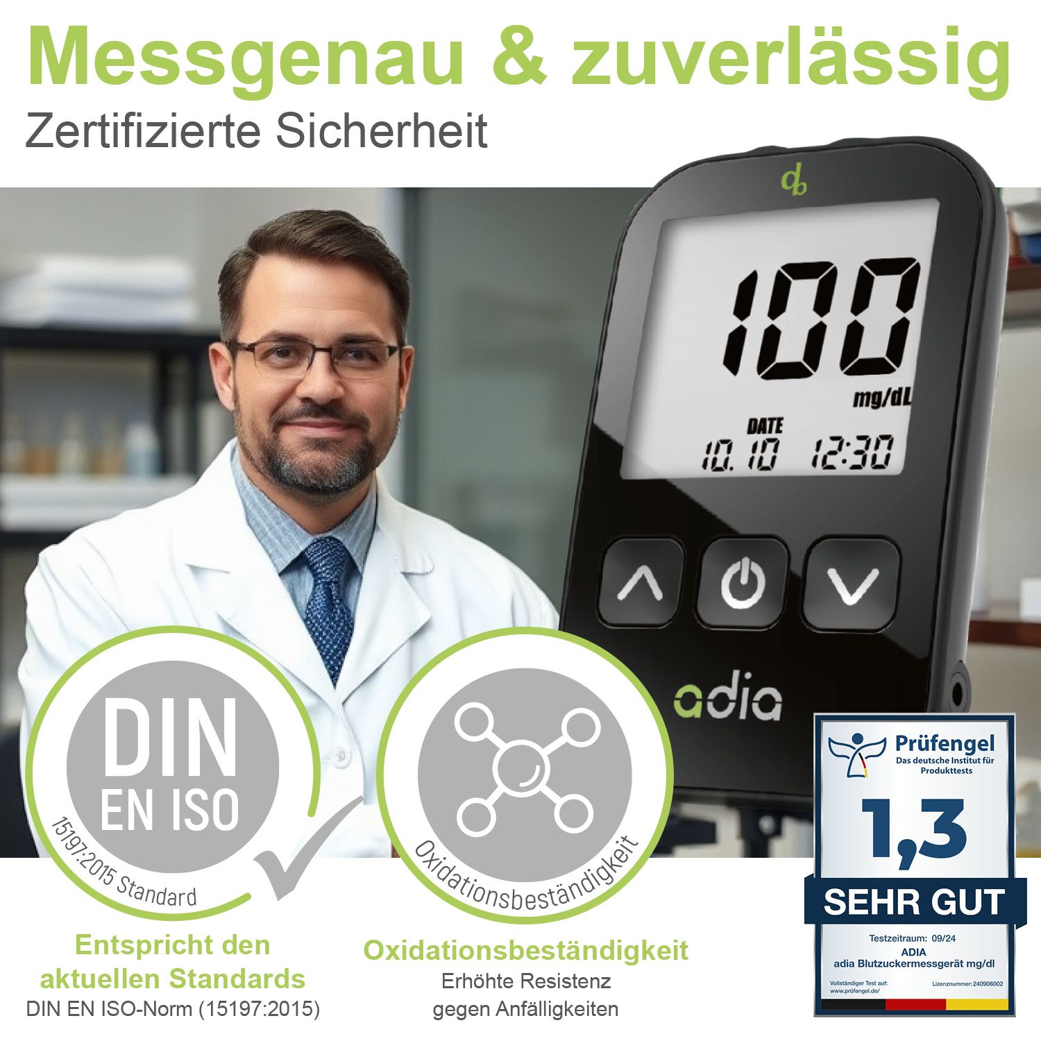 adia Blutzuckermessgerät-Set (mg/dl) zur Blutzucker-Kontrolle bei Diabetes