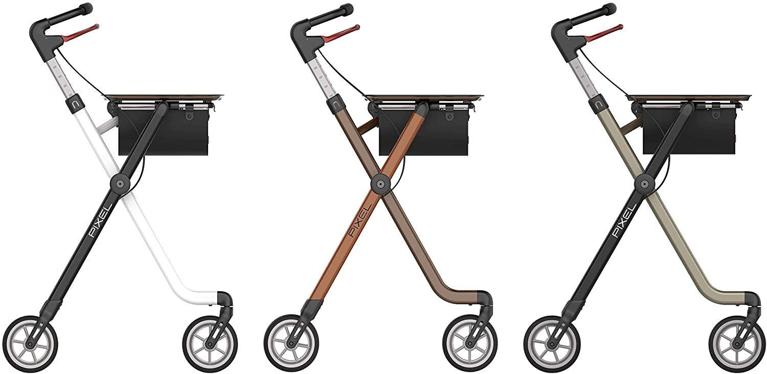 Drei Rehasense Pixel Rollatoren in verschiedenen Farben: Weiß, Braun und Grau.