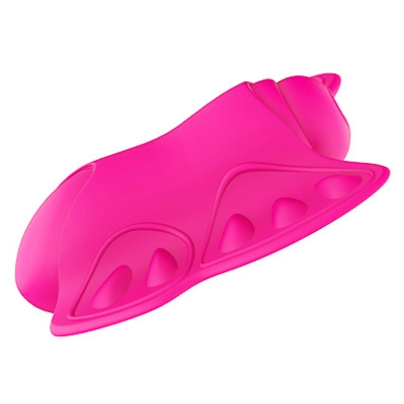 Pinker Schmetterlingsvibrator mit strukturierten Flügeln, von der Seite betrachtet.