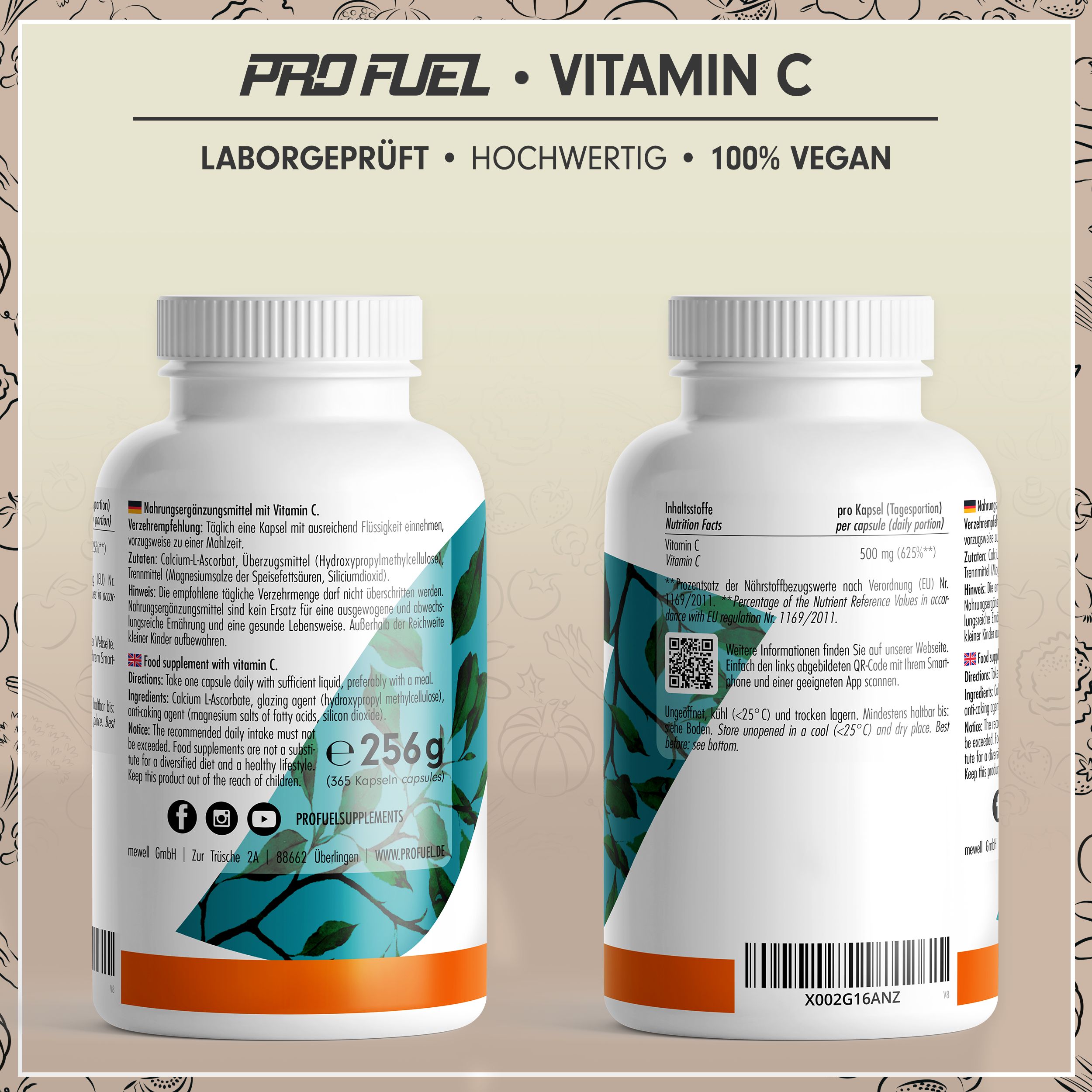 Zwei Flaschen Vitamin C Kapseln. Rückseite mit Nährwertangaben und Inhaltsstoffen. Marke: ProFuel. Gewicht: 256g.