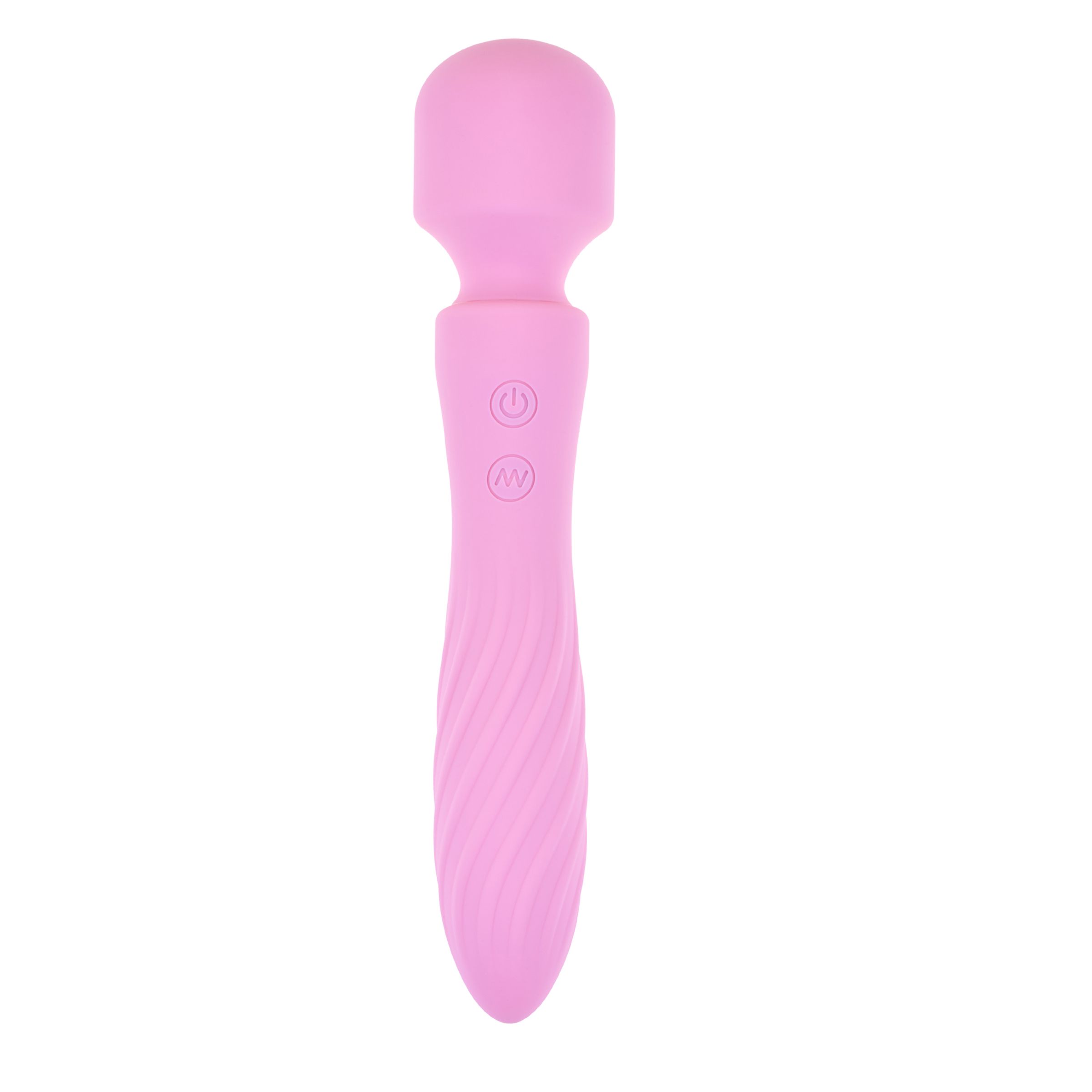Rosa Vibrator mit rundem Kopf und wellenförmigem Griff. Mit Ein-/Ausschalter und Intensität.